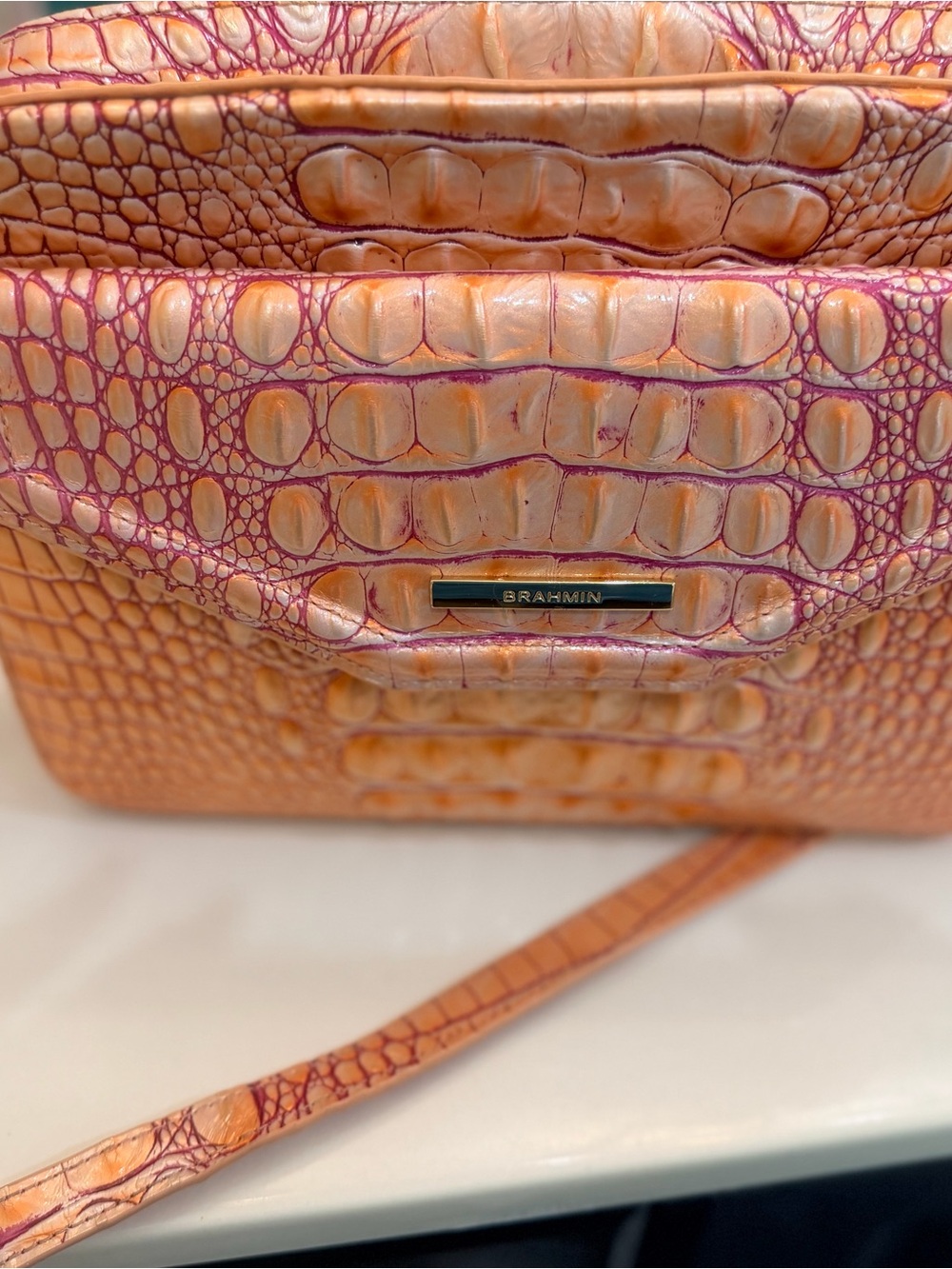 Brahmin Orange-Pink Croc Embossed Crossbody